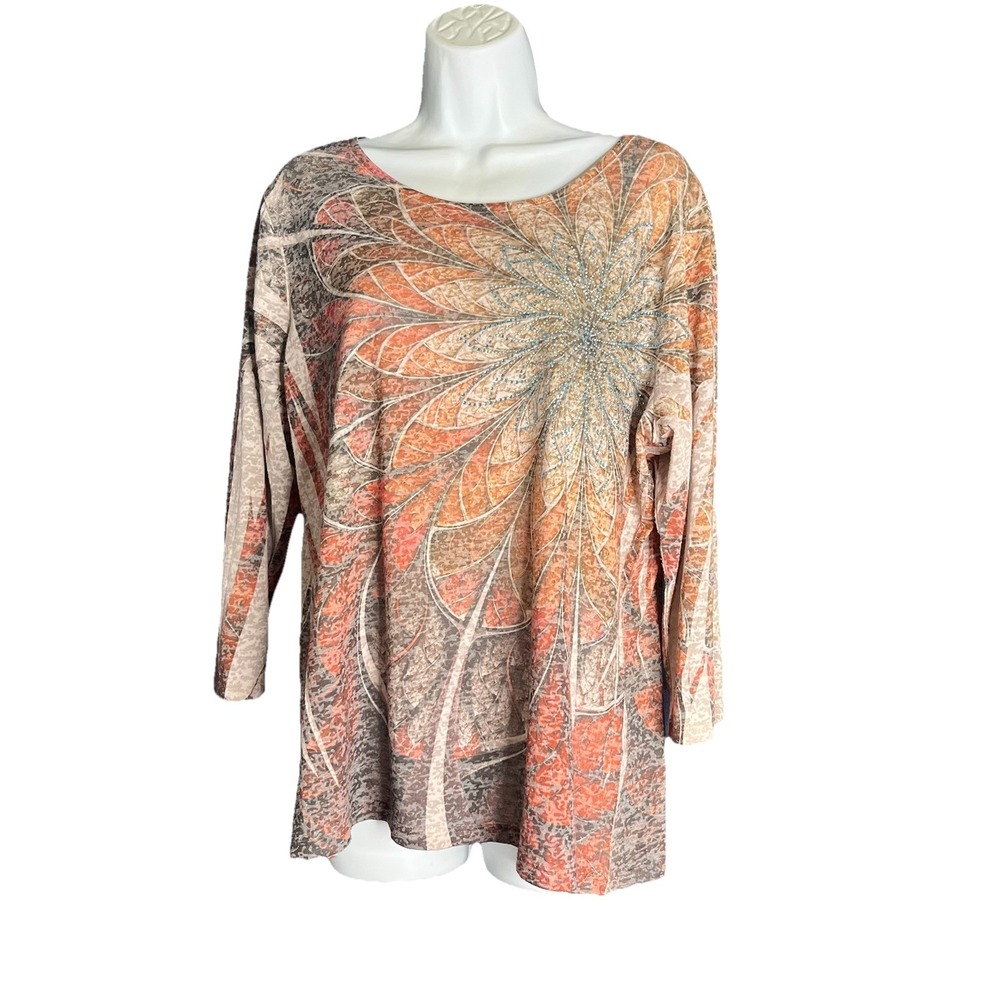 Studio Gem Top Sz XL Semi Sheer Embellished Flower Rhinestones 3/4 Sleeve Casual